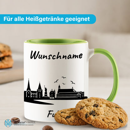 Tasse in Hellgrün 330ml bedruckt mit der Skyline von Fulda personalisierbar mit Wunschname