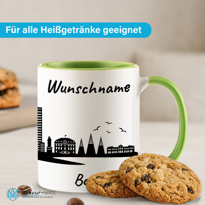 Tasse in Hellgrün 330ml bedruckt mit der Skyline von Bonn personalisierbar mit Wunschname