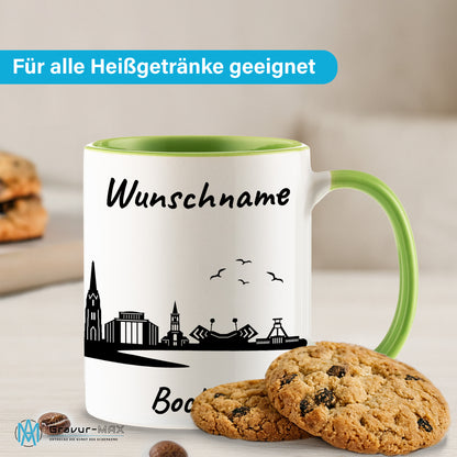 Tasse in Hellgrün 330ml bedruckt mit der Skyline von Bochum personalisierbar mit Wunschname