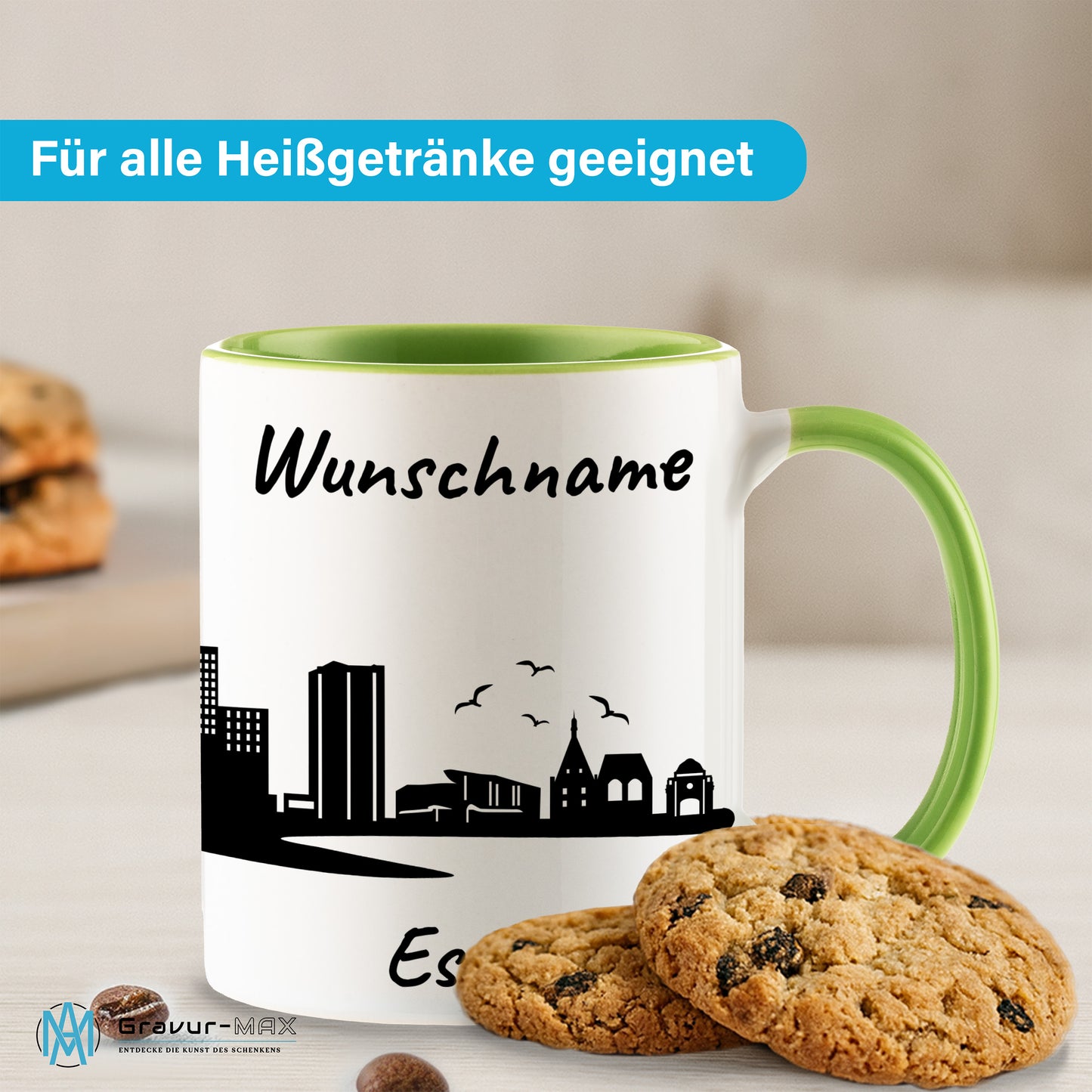Tasse in Hellgrün 330ml bedruckt mit der Skyline von Essen personalisierbar mit Wunschname