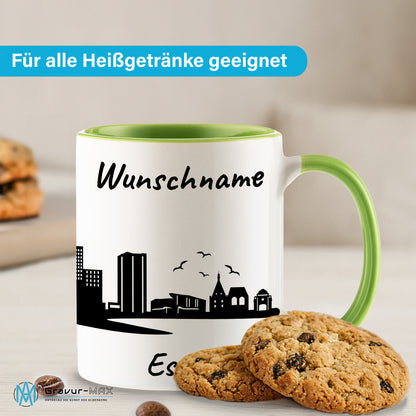 Tasse in Hellgrün 330ml bedruckt mit der Skyline von Essen personalisierbar mit Wunschname