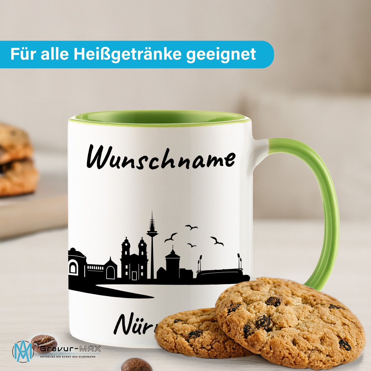 Tasse in Hellgrün 330ml bedruckt mit der Skyline von Nürnberg personalisierbar mit Wunschname