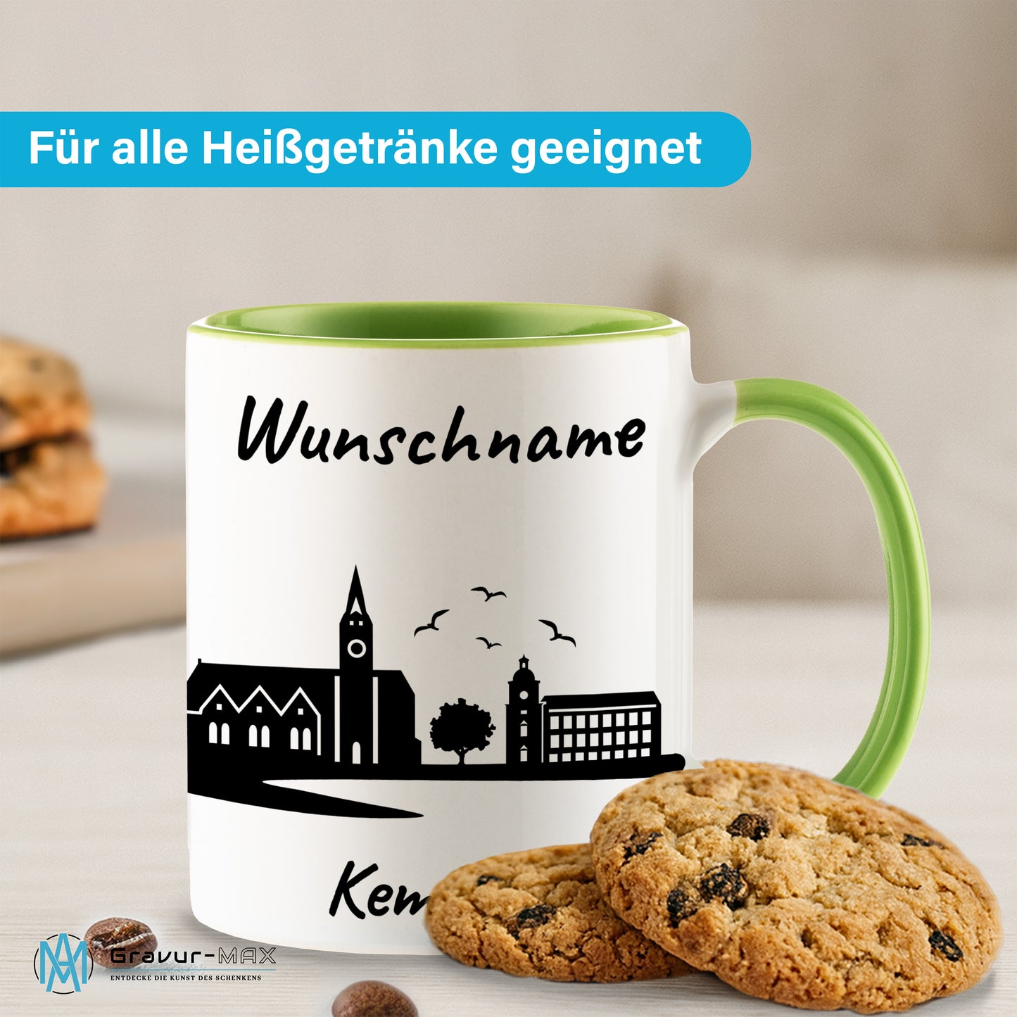 Tasse in Hellgrün 330ml bedruckt mit der Skyline von Kempten personalisierbar mit Wunschname