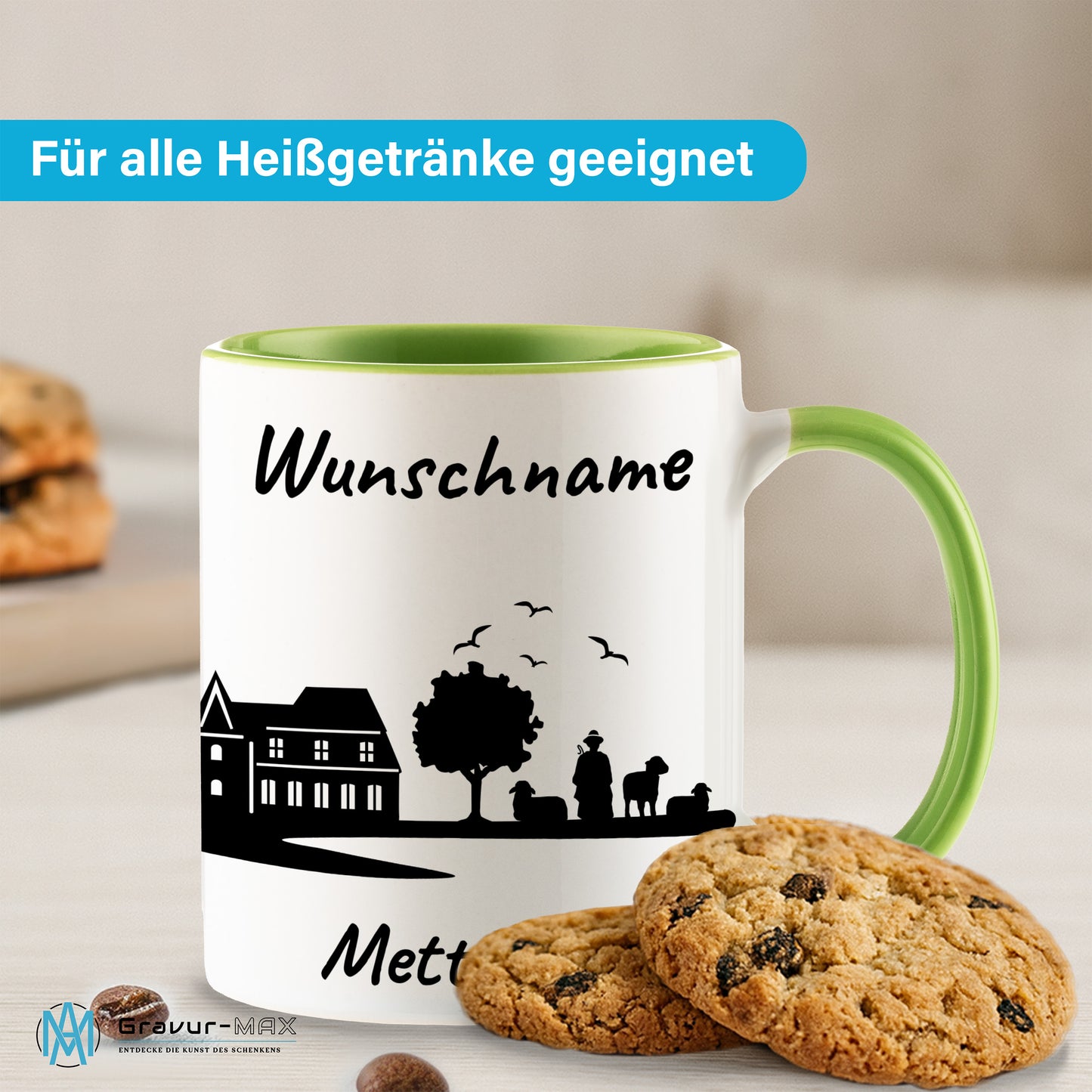 Tasse in Hellgrün 330ml bedruckt mit der Skyline von Mettmann personalisierbar mit Wunschname