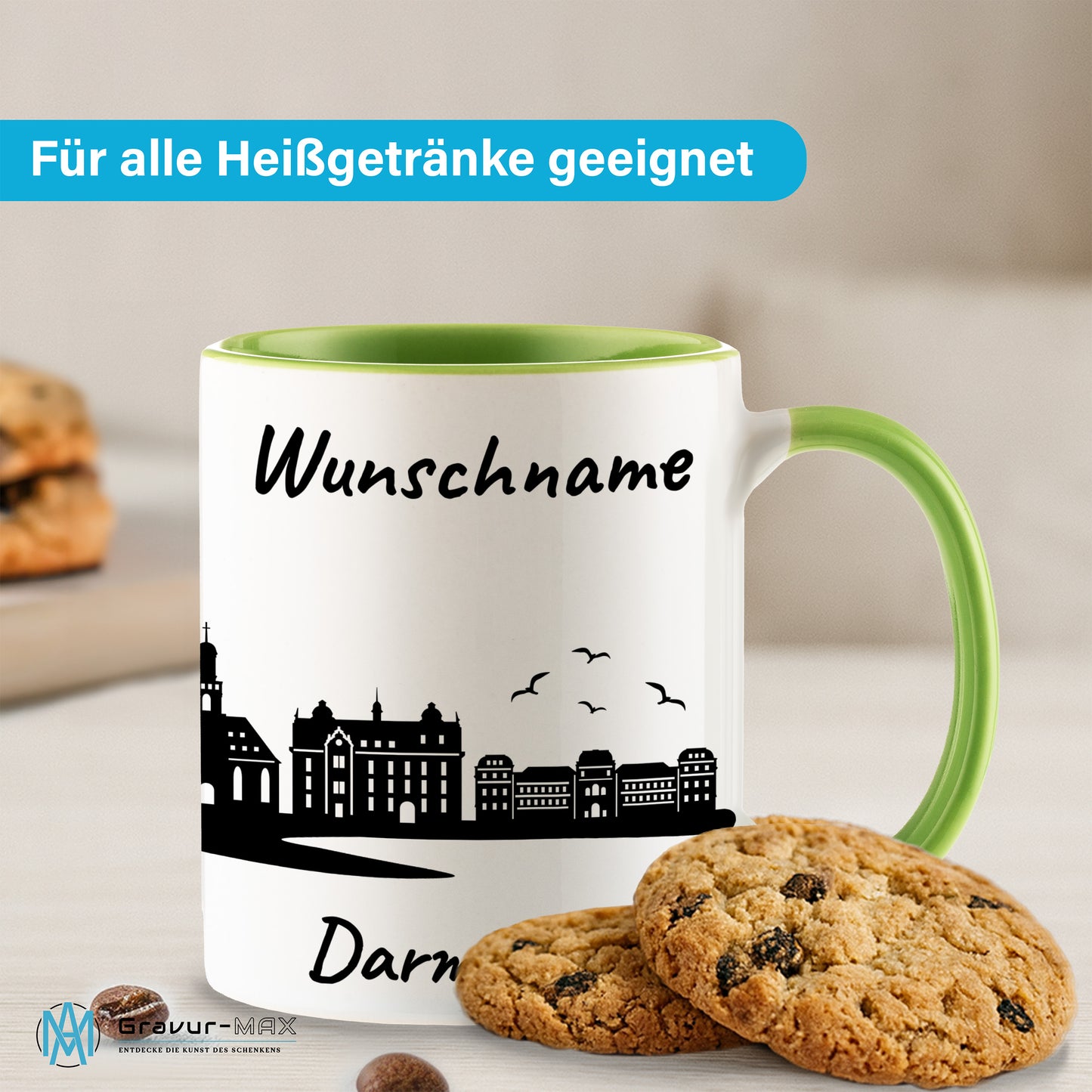 Tasse in Hellgrün 330ml bedruckt mit der Skyline von Darmstadt personalisierbar mit Wunschname