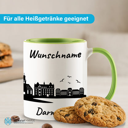 Tasse in Hellgrün 330ml bedruckt mit der Skyline von Darmstadt personalisierbar mit Wunschname