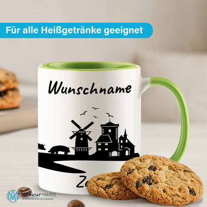 Tasse in Hellgrün 330ml bedruckt mit der Skyline von Zons (Dormagen) personalisierbar mit Wunschname