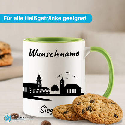 Tasse in Hellgrün 330ml bedruckt mit der Skyline von Siegburg personalisierbar mit Wunschname
