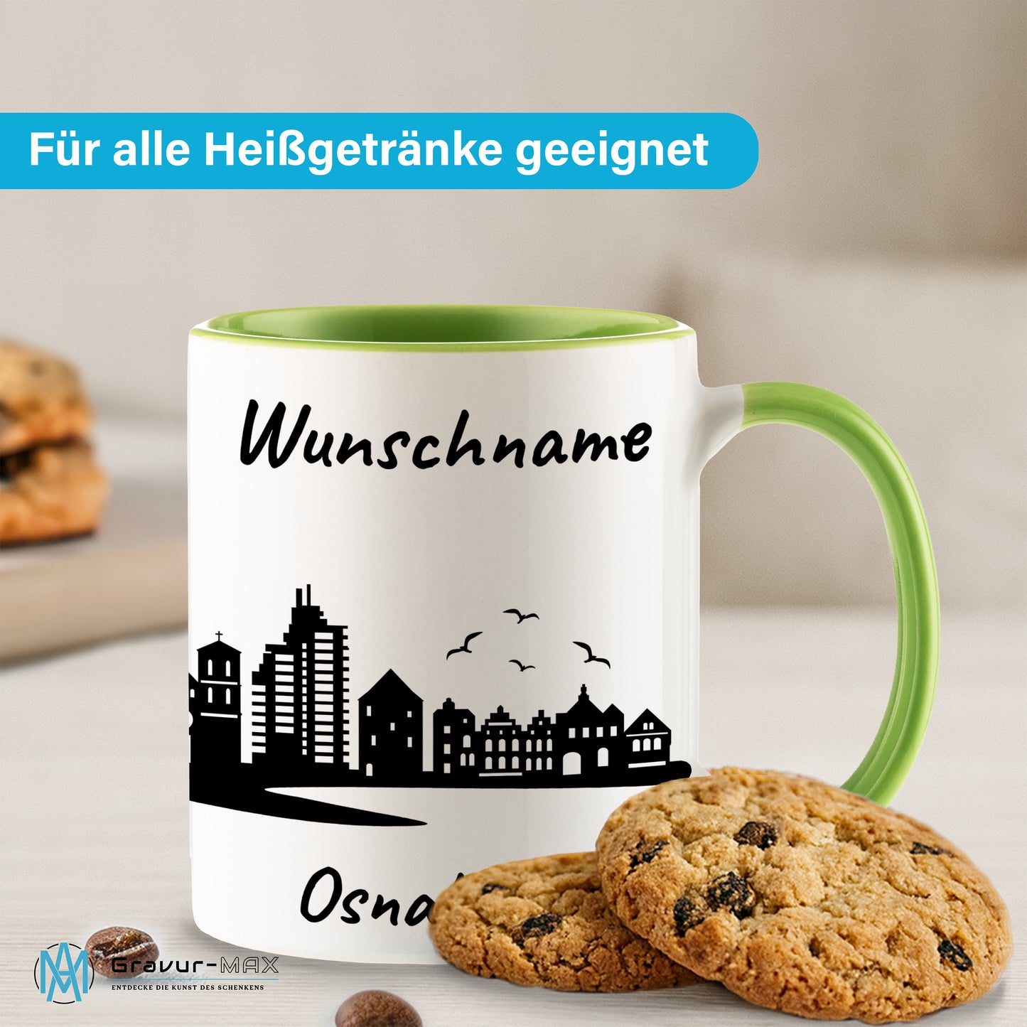 Tasse in Hellgrün 330ml bedruckt mit der Skyline von Osnabrück personalisierbar mit Wunschname
