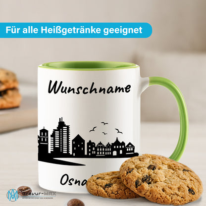 Tasse in Hellgrün 330ml bedruckt mit der Skyline von Osnabrück personalisierbar mit Wunschname