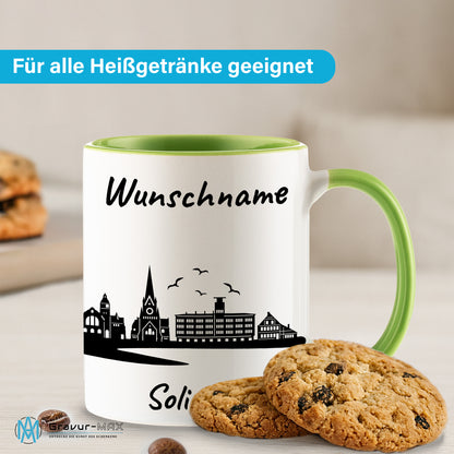 Tasse in Hellgrün 330ml bedruckt mit der Skyline von Solingen personalisierbar mit Wunschname