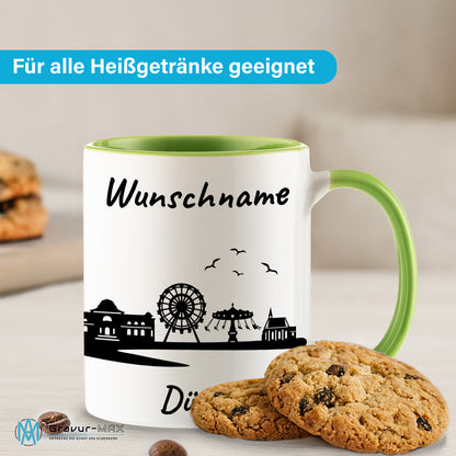 Tasse in Hellgrün 330ml bedruckt mit der Skyline von Düren personalisierbar mit Wunschname