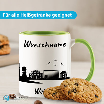 Tasse in Hellgrün 330ml bedruckt mit der Skyline von Weimar personalisierbar mit Wunschname