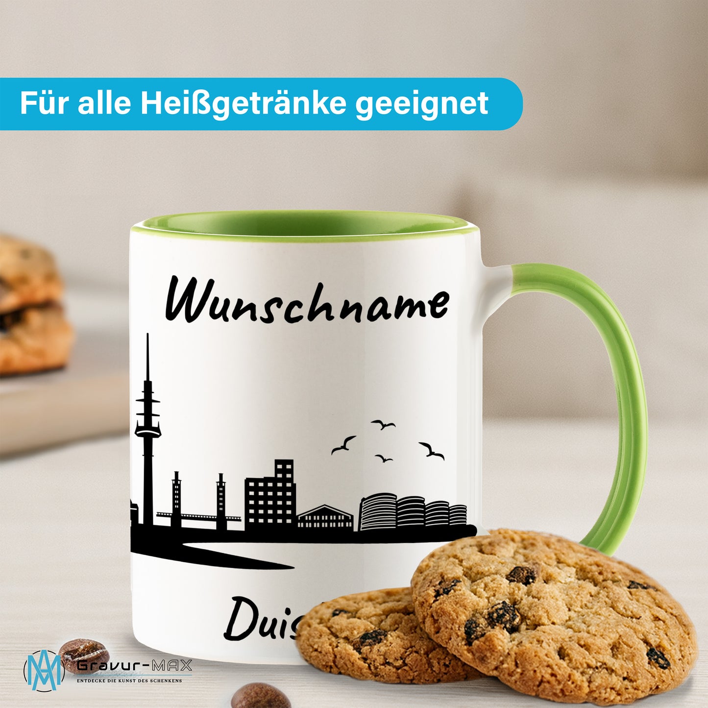Tasse in Hellgrün 330ml bedruckt mit der Skyline von Duisburg personalisierbar mit Wunschname