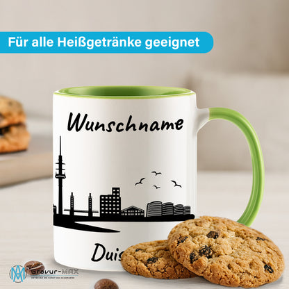 Tasse in Hellgrün 330ml bedruckt mit der Skyline von Duisburg personalisierbar mit Wunschname