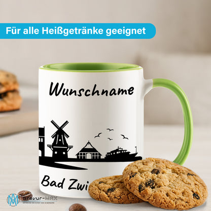 Tasse in Hellgrün 330ml bedruckt mit der Skyline von Bad Zwischenahn personalisierbar mit Wunschname