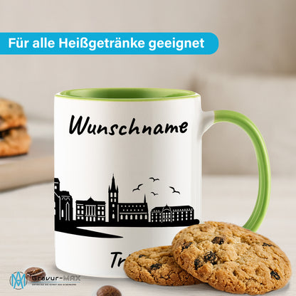 Tasse in Hellgrün 330ml bedruckt mit der Skyline von Trier personalisierbar mit Wunschname