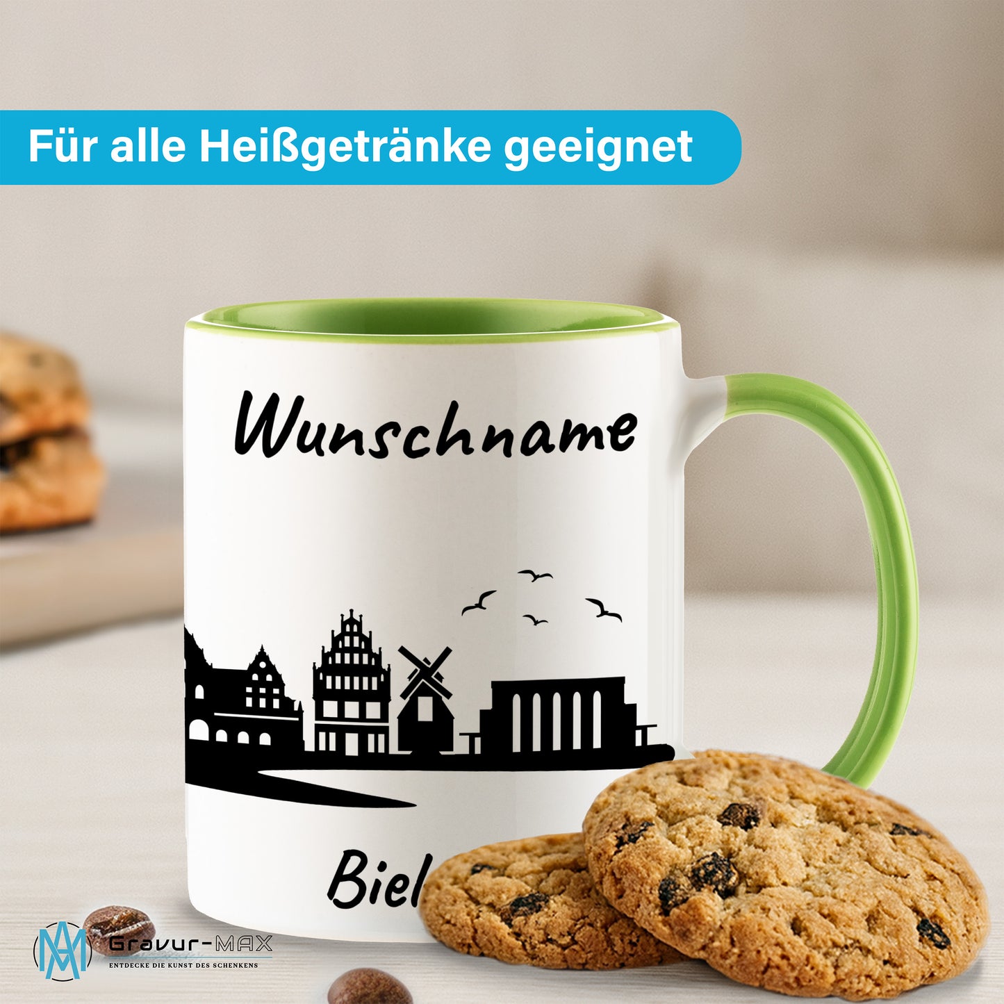 Tasse in Hellgrün 330ml bedruckt mit der Skyline von Bielefeld personalisierbar mit Wunschname