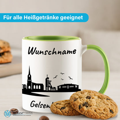 Tasse in Hellgrün 330ml bedruckt mit der Skyline von Gelsenkirchen personalisierbar mit Wunschname
