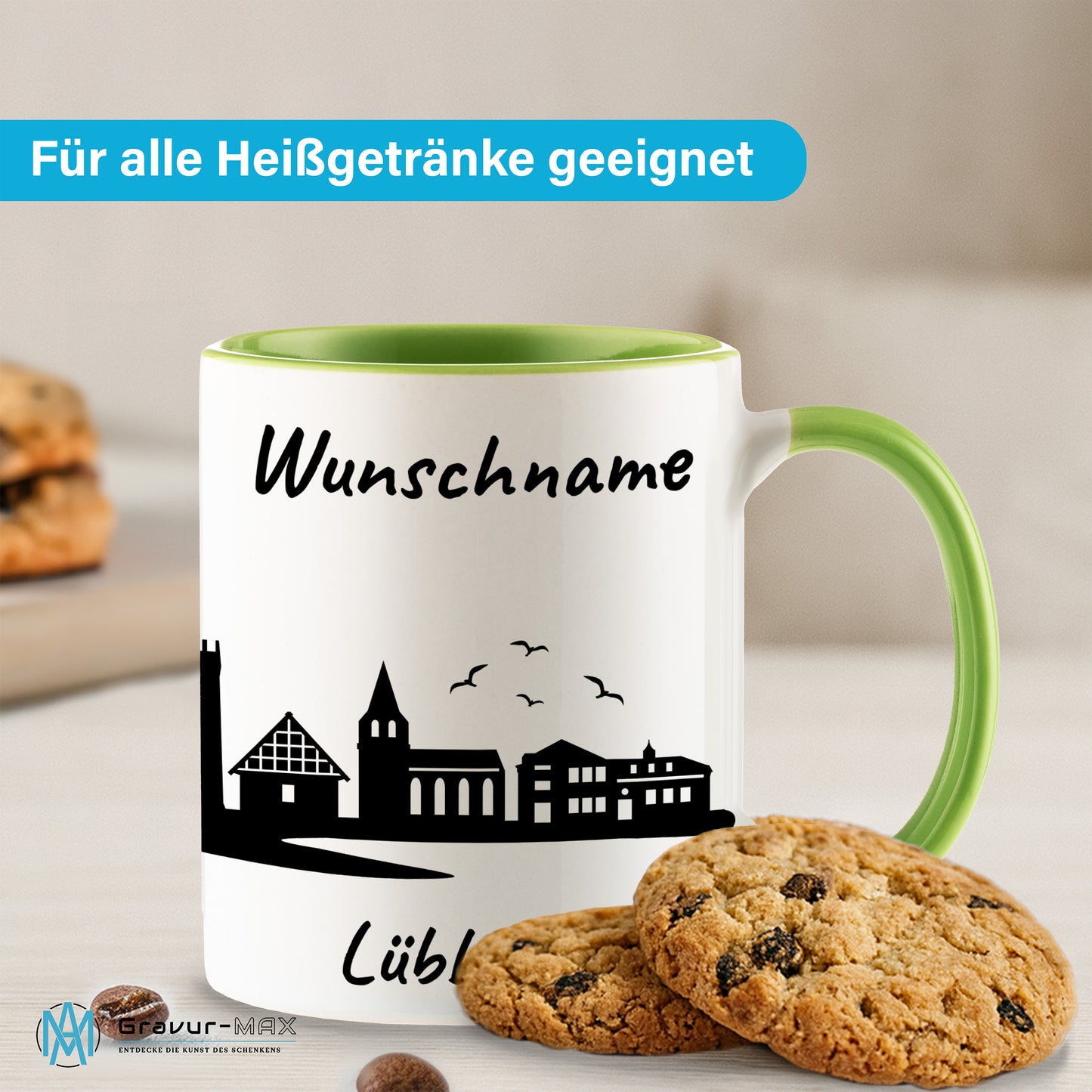Tasse in Hellgrün 330ml bedruckt mit der Skyline von Lübbecke personalisierbar mit Wunschname