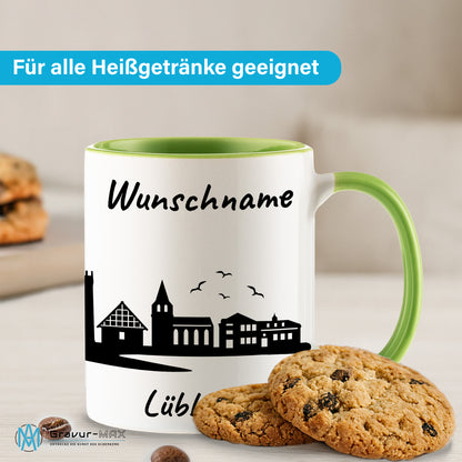 Tasse in Hellgrün 330ml bedruckt mit der Skyline von Lübbecke personalisierbar mit Wunschname