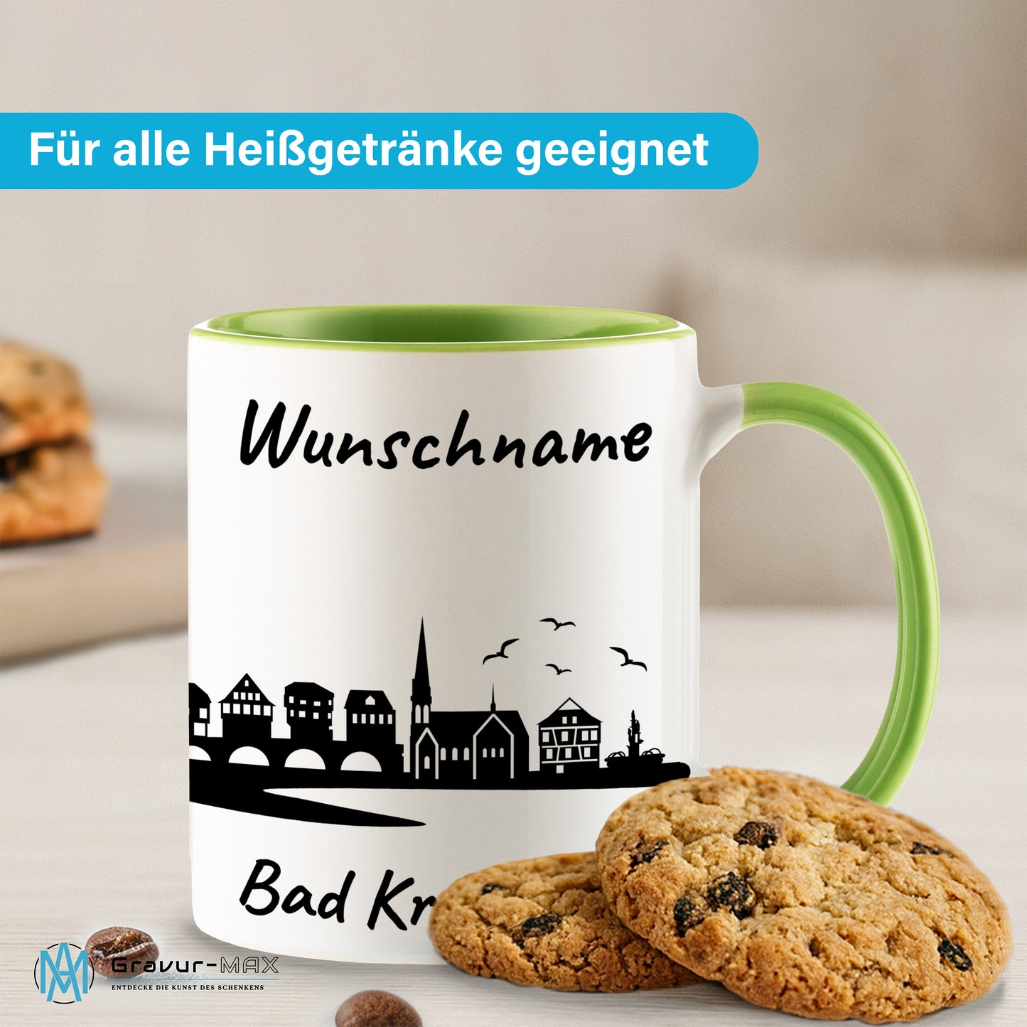 Tasse in Hellgrün 330ml bedruckt mit der Skyline von Bad Kreuznach personalisierbar mit Wunschname