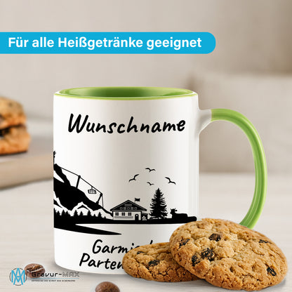 Tasse in Hellgrün 330ml bedruckt mit der Skyline von Garmisch-Partenkirchen personalisierbar mit Wunschname