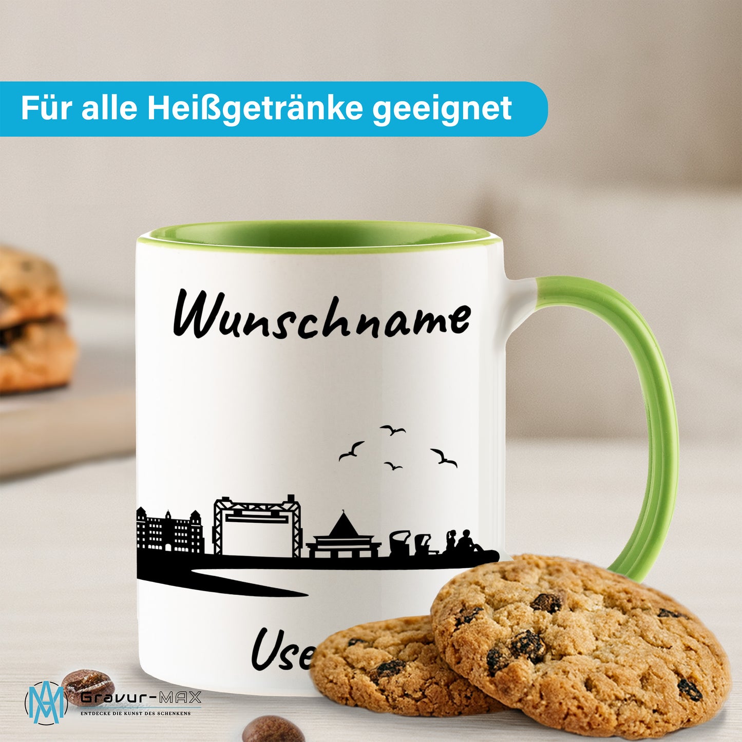 Tasse in Hellgrün 330ml bedruckt mit der Skyline von Usedom personalisierbar mit Wunschname