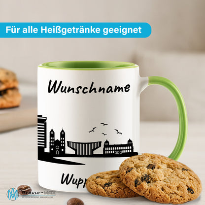 Tasse in Hellgrün 330ml bedruckt mit der Skyline von Wuppertal personalisierbar mit Wunschname