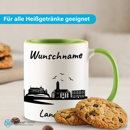 Tasse in Hellgrün 330ml bedruckt mit der Skyline von Landshut personalisierbar mit Wunschname