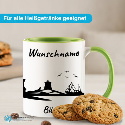 Tasse in Hellgrün 330ml bedruckt mit der Skyline von Büsum personalisierbar mit Wunschname