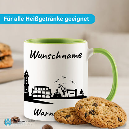 Tasse in Hellgrün 330ml bedruckt mit der Skyline von Warnemünde personalisierbar mit Wunschname