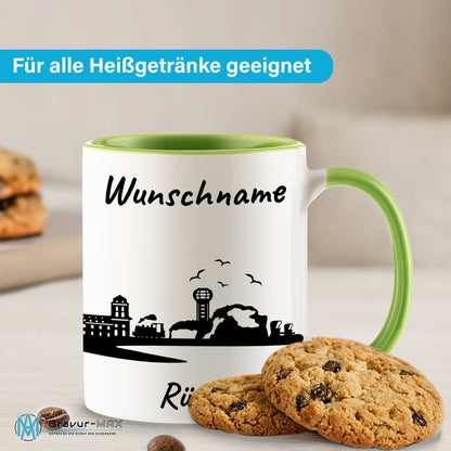 Tasse in Hellgrün 330ml bedruckt mit der Skyline von Rügen personalisierbar mit Wunschname