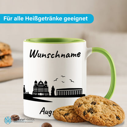 Tasse in Hellgrün 330ml bedruckt mit der Skyline von Augsburg personalisierbar mit Wunschname
