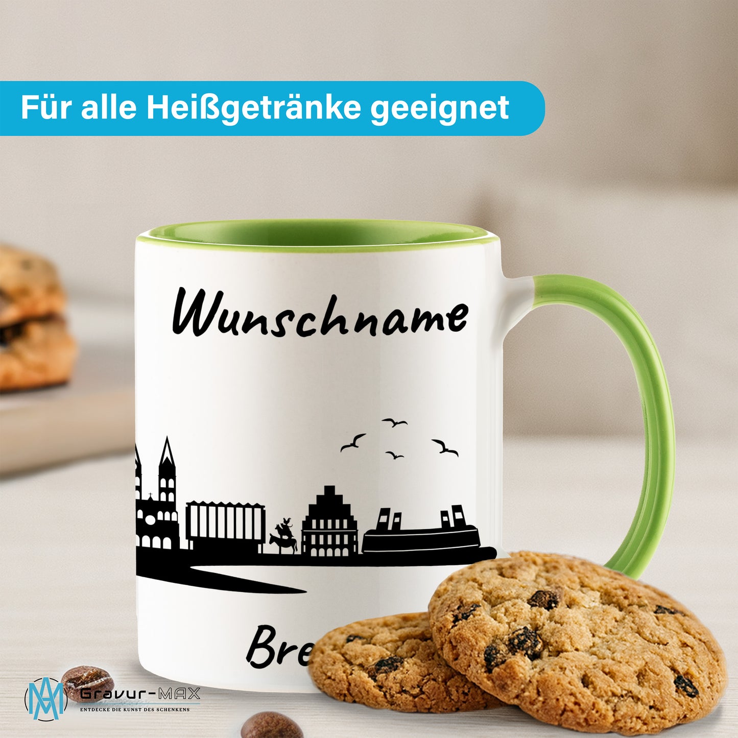 Tasse in Hellgrün 330ml bedruckt mit der Skyline von Bremen personalisierbar mit Wunschname