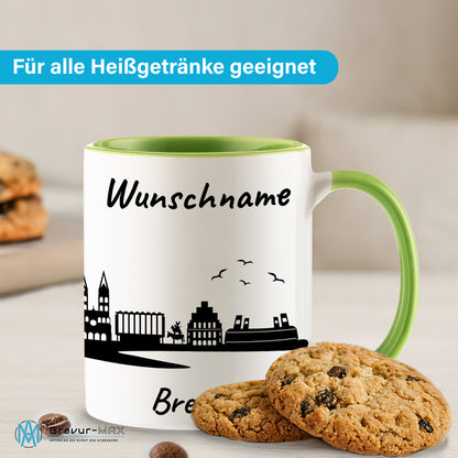 Tasse in Hellgrün 330ml bedruckt mit der Skyline von Bremen personalisierbar mit Wunschname