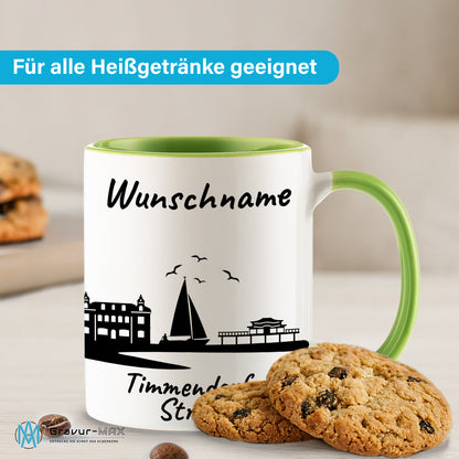 Tasse in Hellgrün 330ml bedruckt mit der Skyline von Timmendorfer Strand personalisierbar mit Wunschname