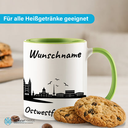 Tasse in Hellgrün 330ml bedruckt mit der Skyline von Ostwestfalen-Lippe personalisierbar mit Wunschname