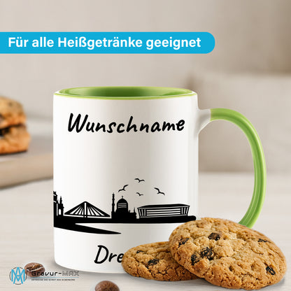 Tasse in Hellgrün 330ml bedruckt mit der Skyline von Dresden personalisierbar mit Wunschname