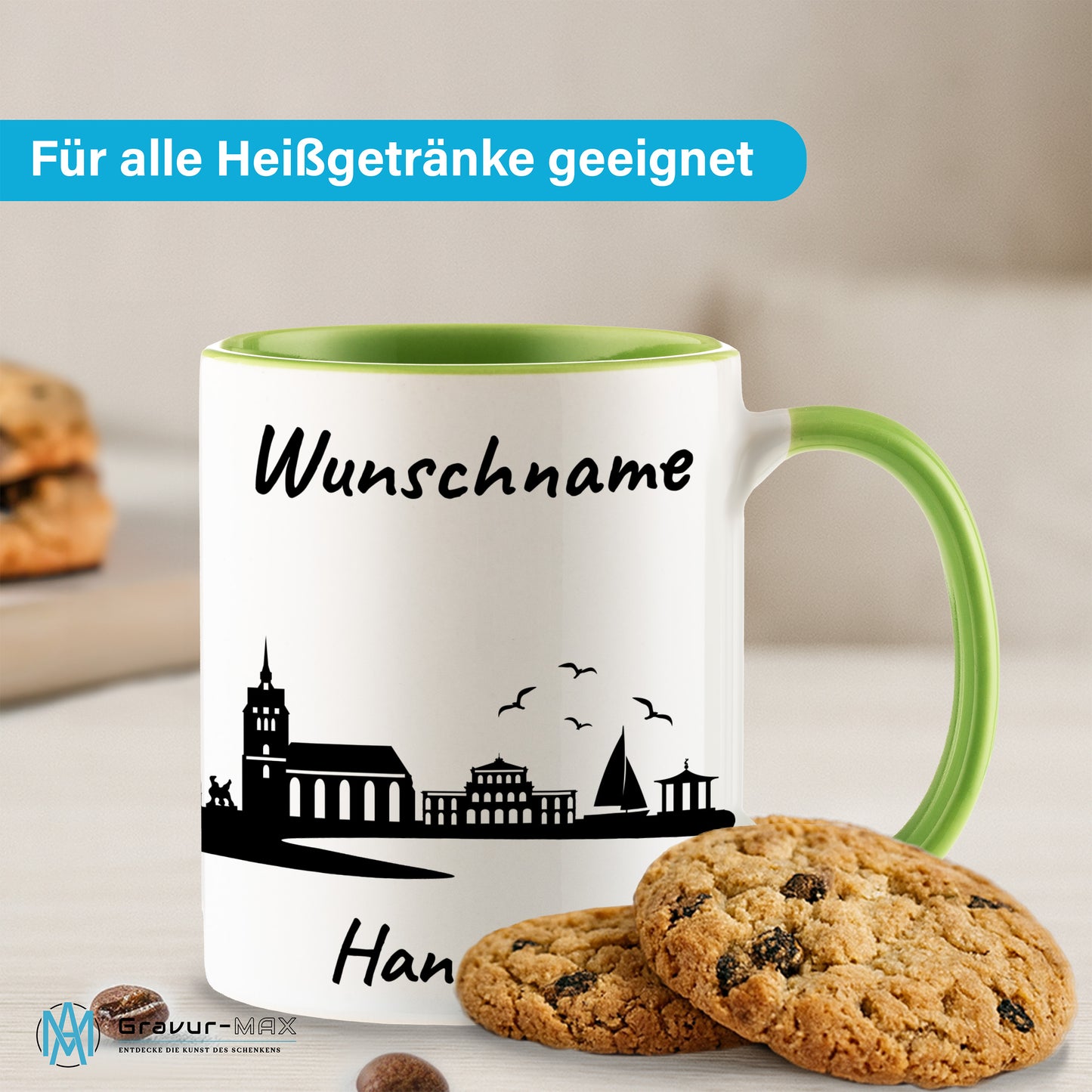 Tasse in Hellgrün 330ml bedruckt mit der Skyline von Hannover personalisierbar mit Wunschname