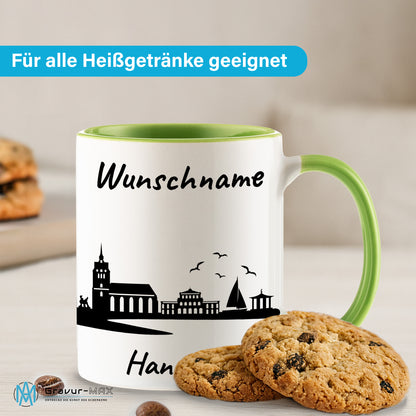 Tasse in Hellgrün 330ml bedruckt mit der Skyline von Hannover personalisierbar mit Wunschname
