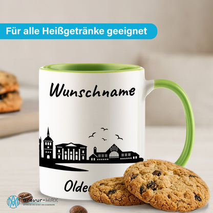 Tasse in Hellgrün 330ml bedruckt mit der Skyline von Oldenburg personalisierbar mit Wunschname