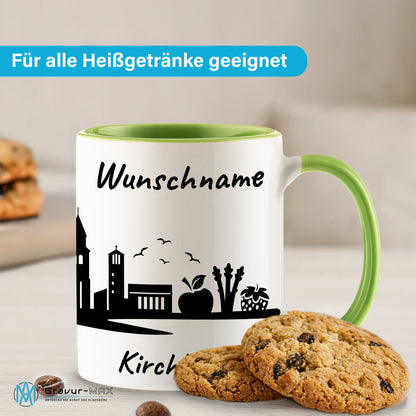 Tasse in Hellgrün 330ml bedruckt mit der Skyline von Kirchhellen personalisierbar mit Wunschname