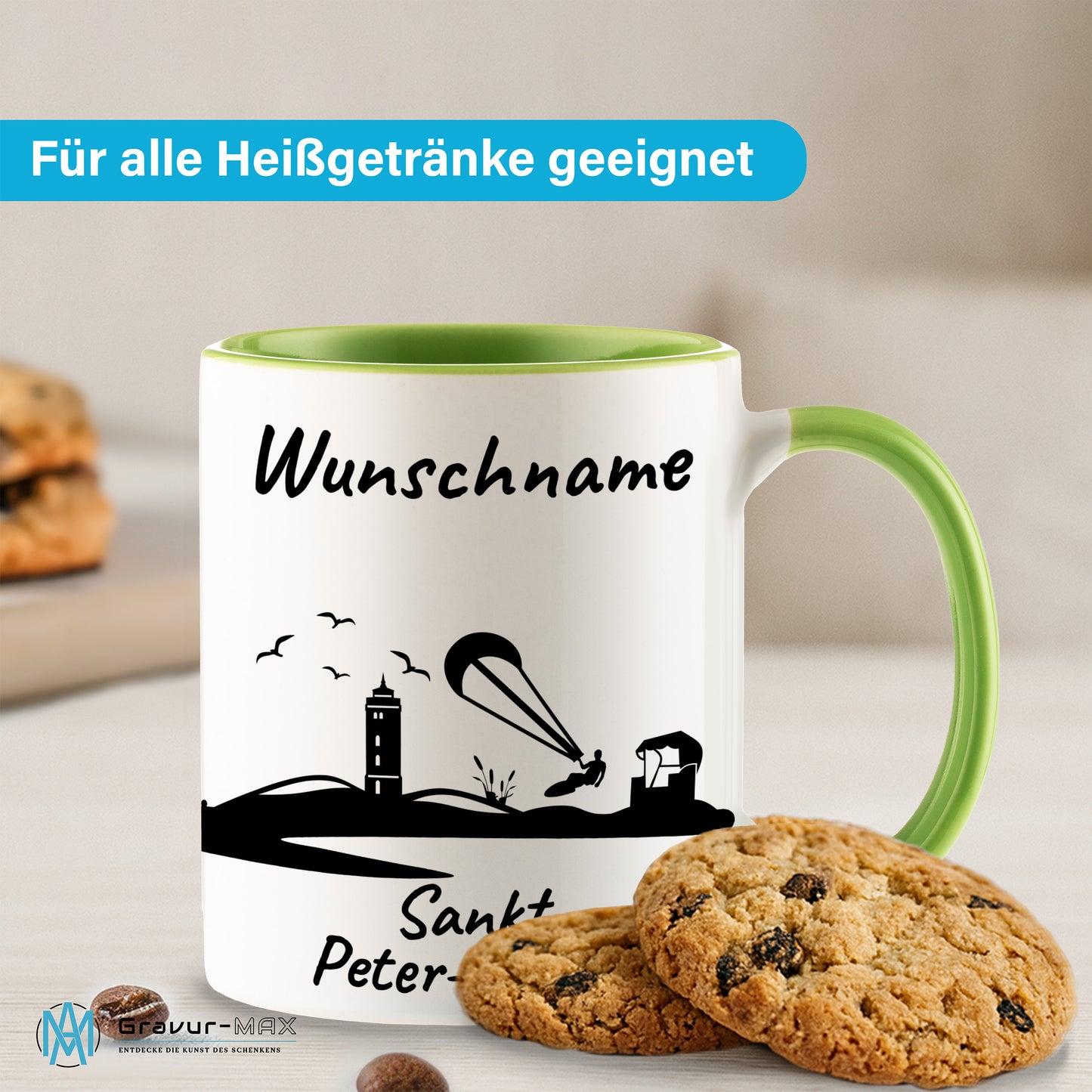 Tasse in Hellgrün 330ml bedruckt mit der Skyline von Sankt Peter-Ording personalisierbar mit Wunschname