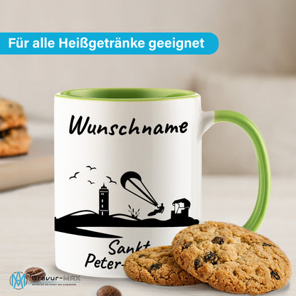 Tasse in Hellgrün 330ml bedruckt mit der Skyline von Sankt Peter-Ording personalisierbar mit Wunschname