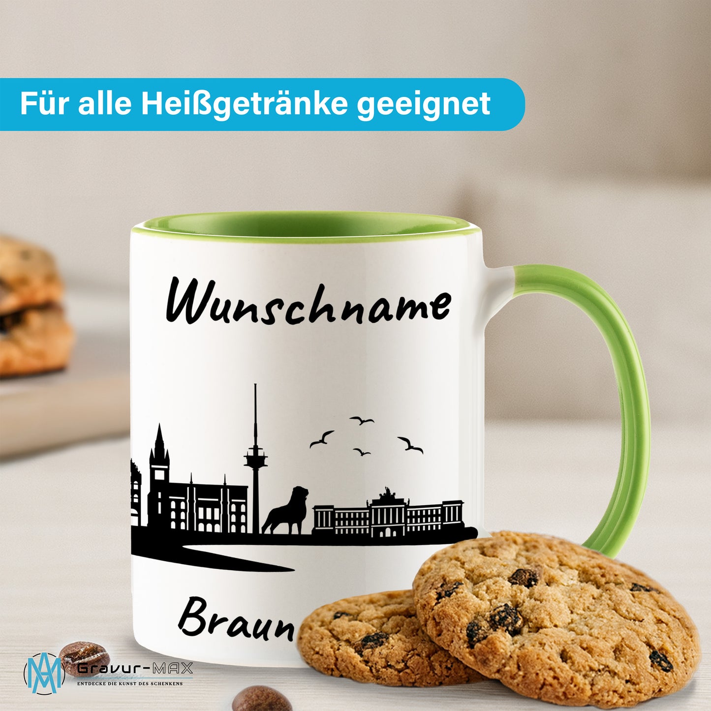 Tasse in Hellgrün 330ml bedruckt mit der Skyline von Braunschweig personalisierbar mit Wunschname