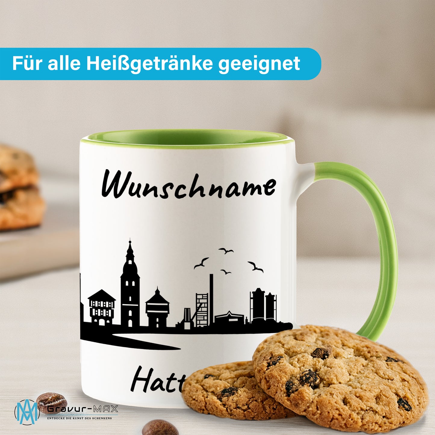 Tasse in Hellgrün 330ml bedruckt mit der Skyline von Hattingen personalisierbar mit Wunschname