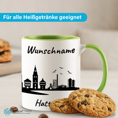Tasse in Hellgrün 330ml bedruckt mit der Skyline von Hattingen personalisierbar mit Wunschname