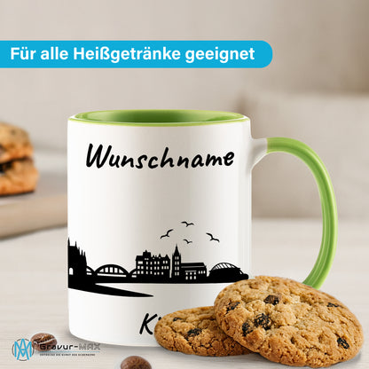 Tasse in Hellgrün 330ml bedruckt mit der Skyline von Köln personalisierbar mit Wunschname