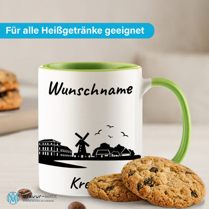 Tasse in Hellgrün 330ml bedruckt mit der Skyline von Krefeld personalisierbar mit Wunschname